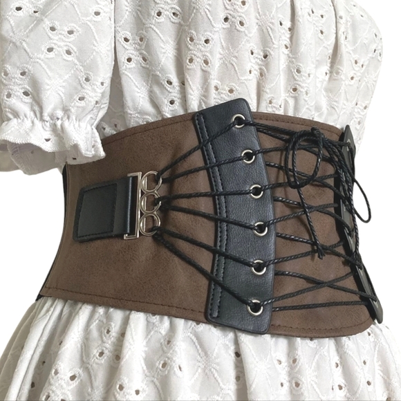 Wide waist brown corset Adjustable faux leather suede Steampunk Lace up Belt - Picture 6 of 12